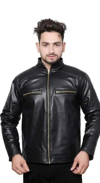 Men's Solid Rexine Leather Black Jacket