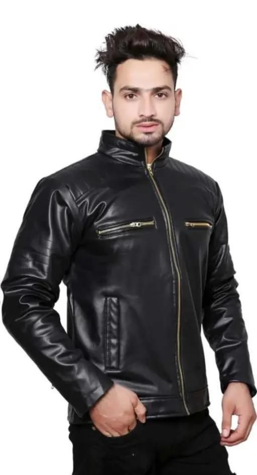 Men's Solid Rexine Leather Black Jacket