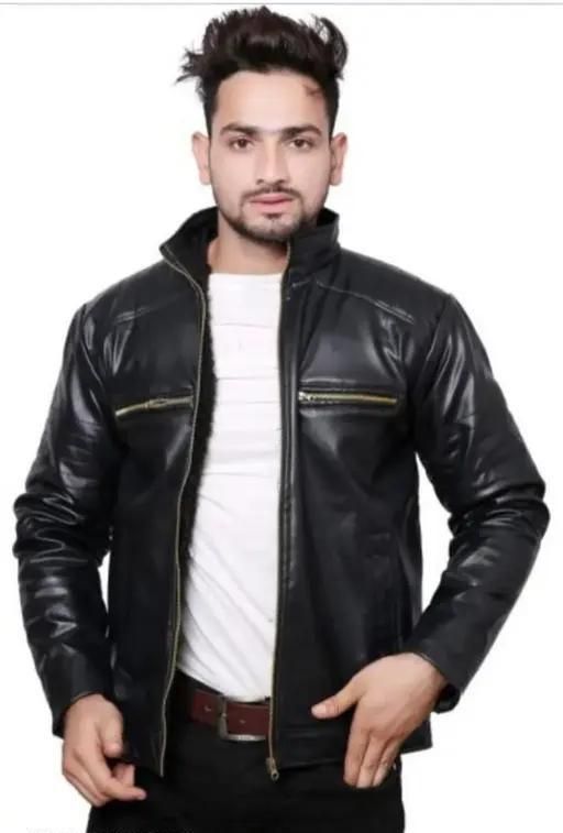 Men's Solid Rexine Leather Black Jacket